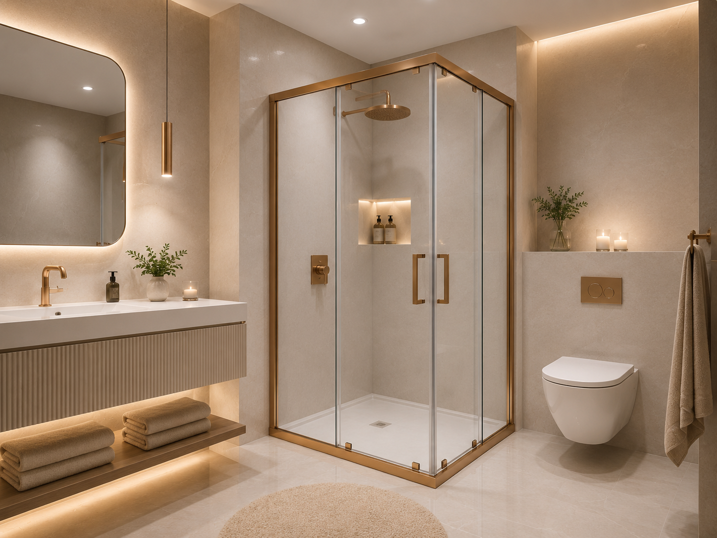 Cabine de douche walk-in en verre trempé avec profilés or brossé — Aqua Baño